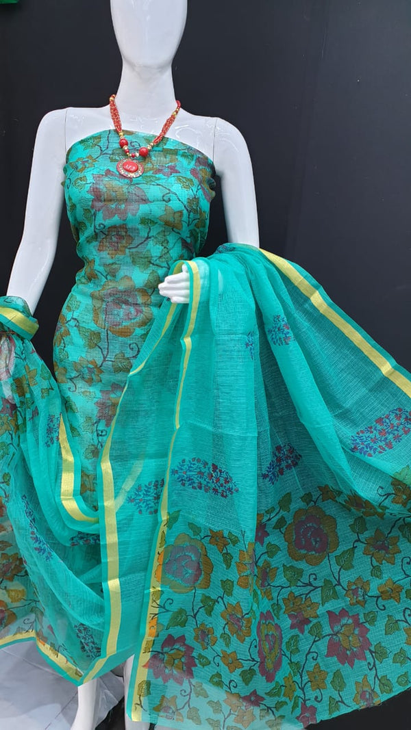 Light Turquoise Brush Print Kota Doriya unstitched suits With Kota Doriya Dupatta (Without Bottom )