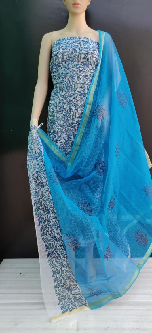 Blue Mist Brush Print Kota Doriya unstitched suits With Kota Doriya Dupatta (Without Bottom )