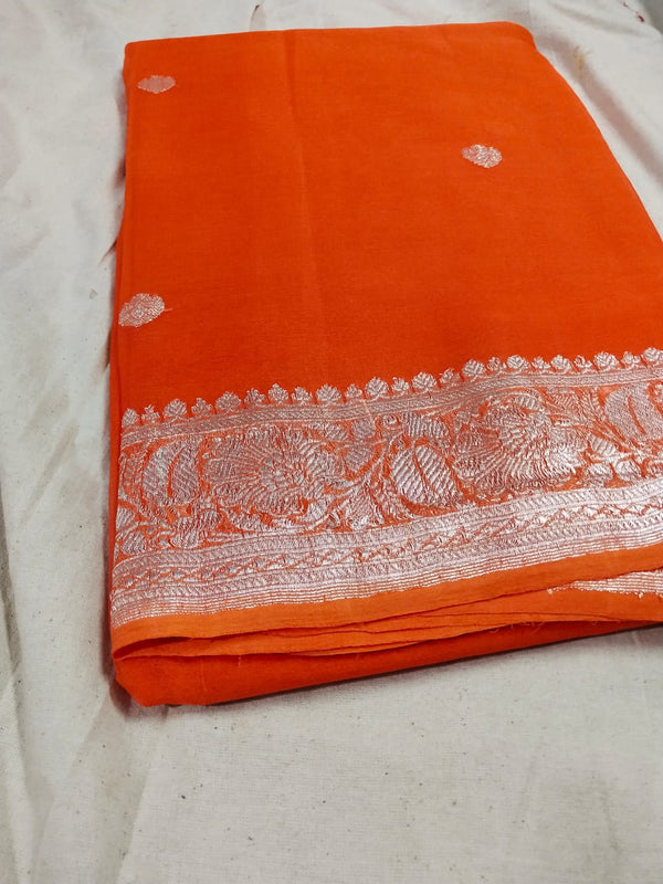 Pure Hand loom  Khaddi Georgette Saree with Silver Zari Weaving blouse  ( length- 6.3 meter )