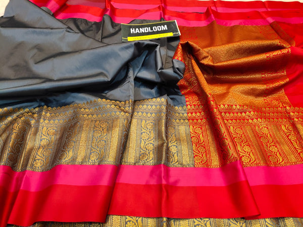 Maheshwari blends silk with zari weaving all over  With blouse border  Rich zari weaved pallu and blouse  ( length- 6.3 meter )