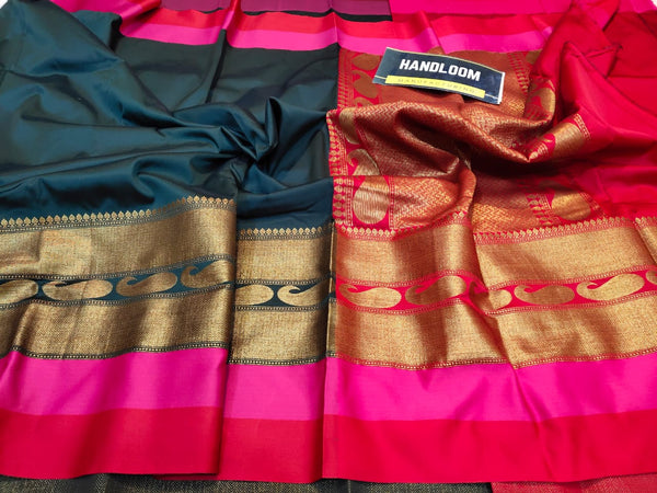 Maheshwari blends silk with zari weaving all over  With blouse border  Rich zari weaved pallu and blouse  ( length- 6.3 meter )