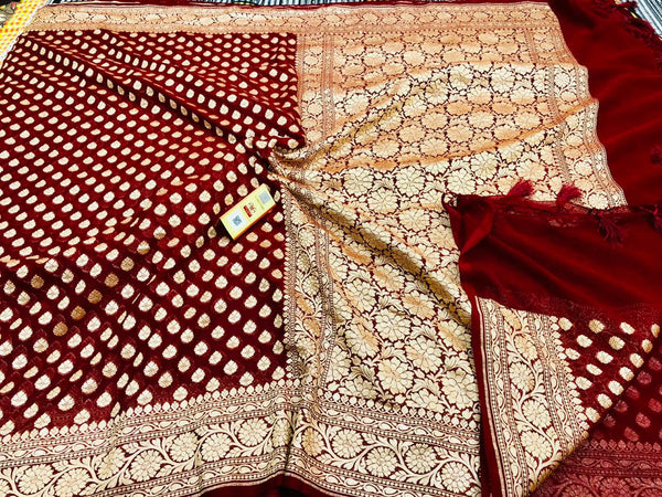 Exclusive Pure Banarasi Khaddi Chiffon Saree with Rich pure Gold Zari Buti , With  Traditional Banarasi Style Border And Pallu  ( length- 6.3 meter )