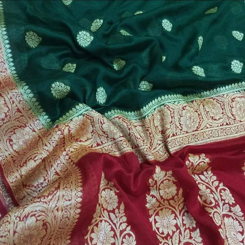 Pure Hand loom  Khaddi Chiffon Georgette Saree with Silver Zari Weaving blouse  ( length- 6.3 meter )