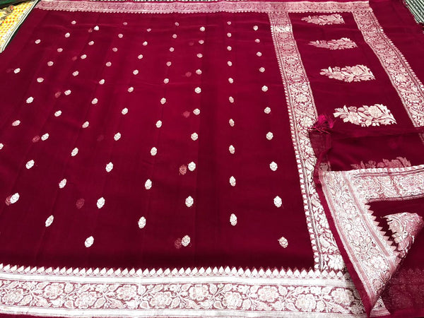 Pure Hand loom  Khaddi Chiffon Georgette Saree with Silver Zari Weaving blouse  ( length- 6.3 meter )