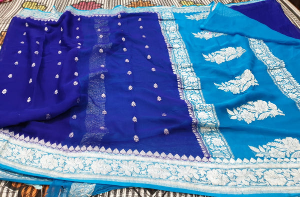 Pure Hand loom  Khaddi Chiffon Georgette Saree with Silver Zari Weaving blouse  ( length- 6.3 meter )