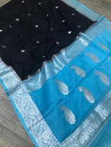 Pure Hand loom  Khaddi Chiffon Georgette Saree with Silver Zari Weaving blouse  ( length- 6.3 meter )