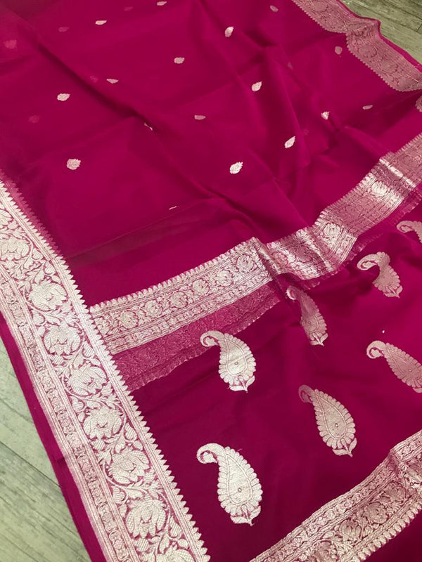 Pure Hand loom  Khaddi Chiffon Georgette Saree with Silver Zari Weaving blouse  ( length- 6.3 meter )