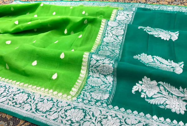 Pure Hand loom  Khaddi Chiffon Georgette Saree with Silver Zari Weaving blouse  ( length- 6.3 meter )