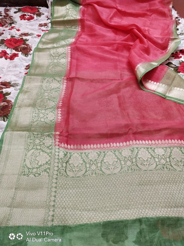 Pure Linen Border Saree with contrast Blouse ( length- 6.3 meter )