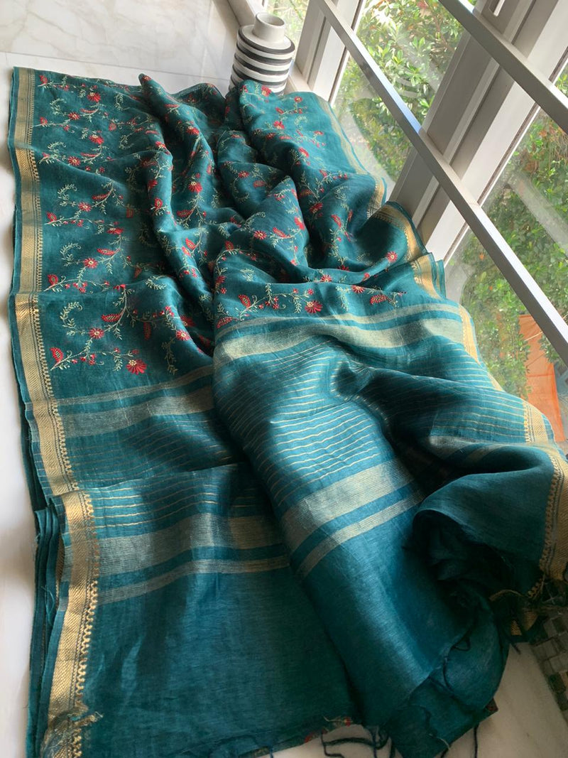 Kota Linen Silk Saree with Zari Dovi Weaving ( length-6.5 meter)