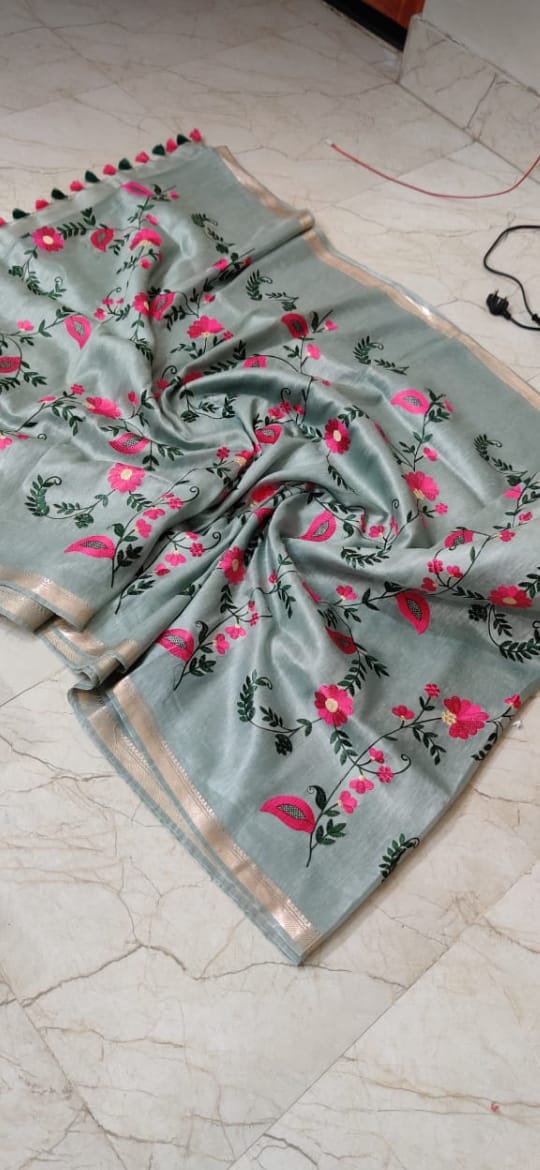 Kota Linen Silk Saree with Zari Dovi Weaving ( length-6.5 meter)