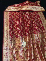 Red Color Pure Hand Weaving Traditional Jangla Work Saree In Pure katan silk .