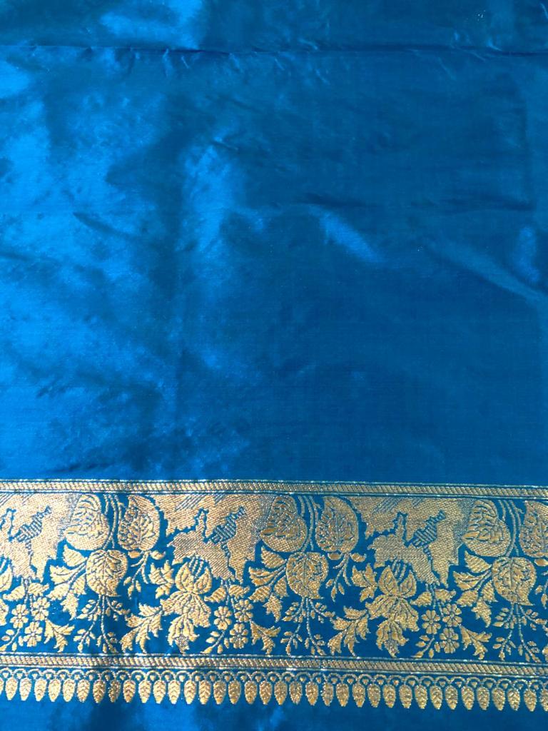 Sky-Blue Color Pure Hand Weaving Traditional Jangla Work Saree In Pure katan silk .