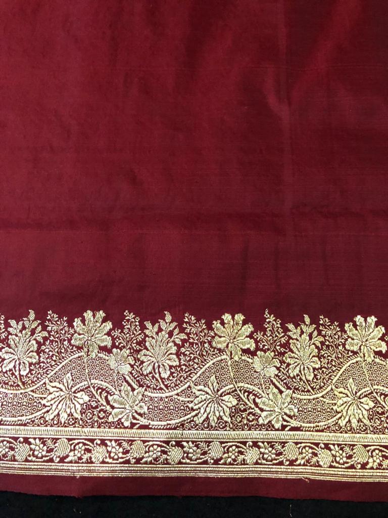 Maron Color Pure Hand Weaving Traditional Jangla Work Saree In Pure katan silk .