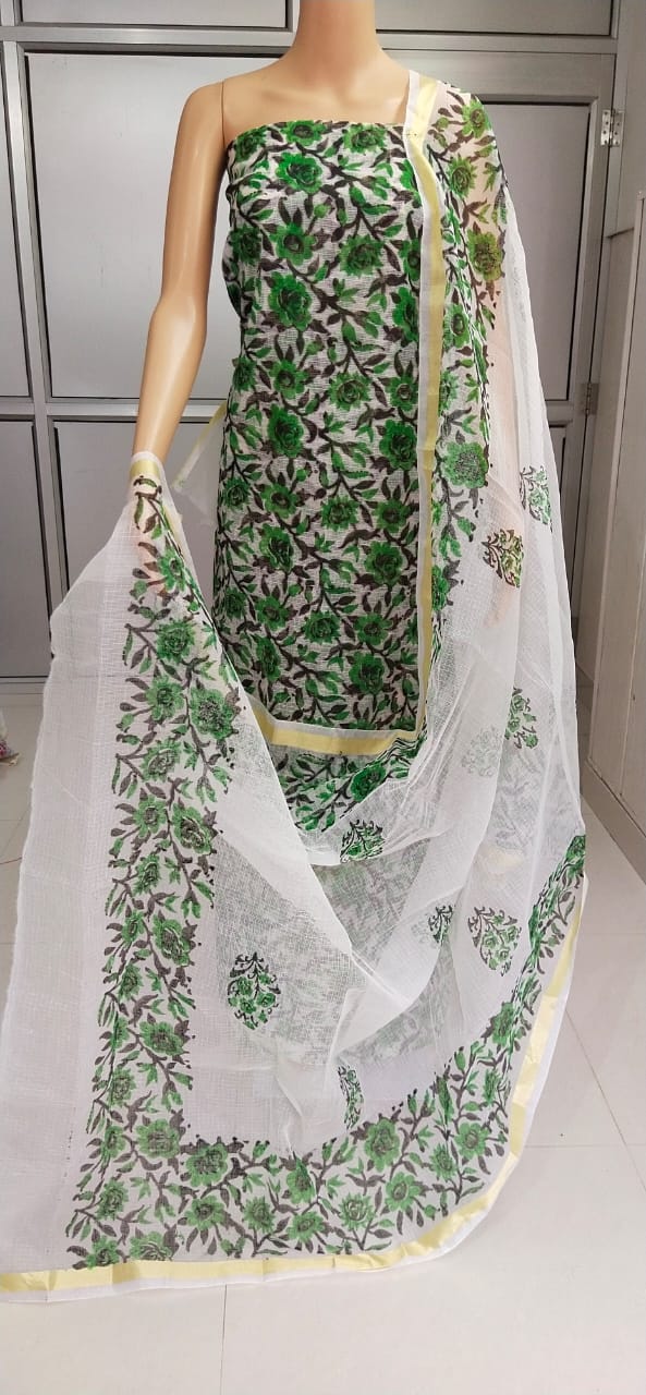 Kota Doriya Hand Block Print unstitched suits With Kota Doriya Dupatta (Without Bottom )