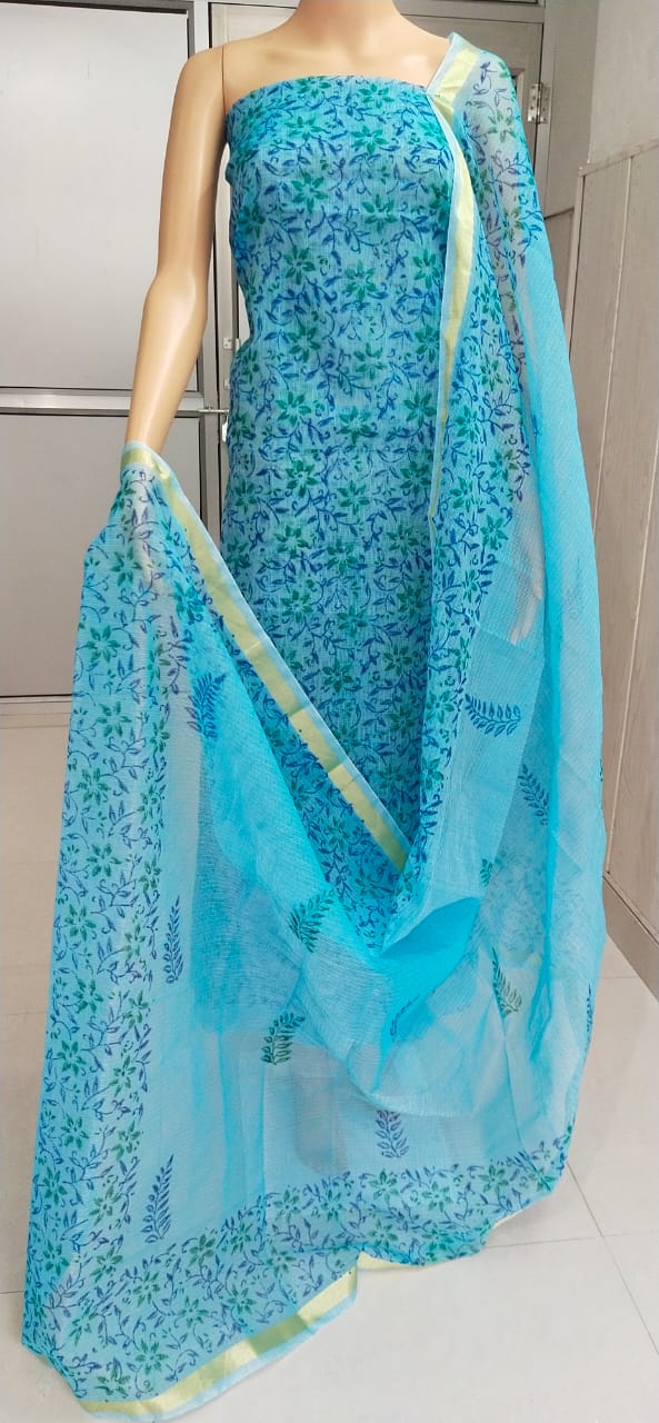 Kota Doriya Hand Block Print unstitched suits With Kota Doriya Dupatta (Without Bottom )