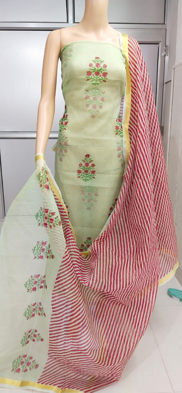 Kota Doriya Hand Block Print unstitched suits With Kota Doriya Dupatta (Without Bottom )