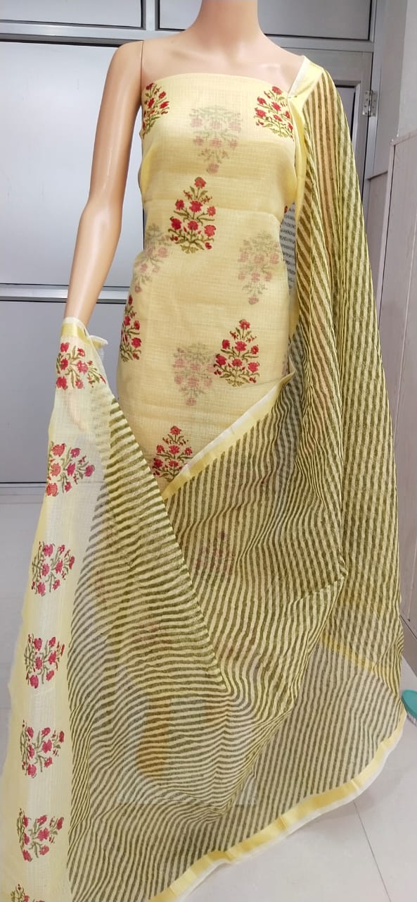 Kota Doriya Hand Block Print unstitched suits With Kota Doriya Dupatta (Without Bottom )