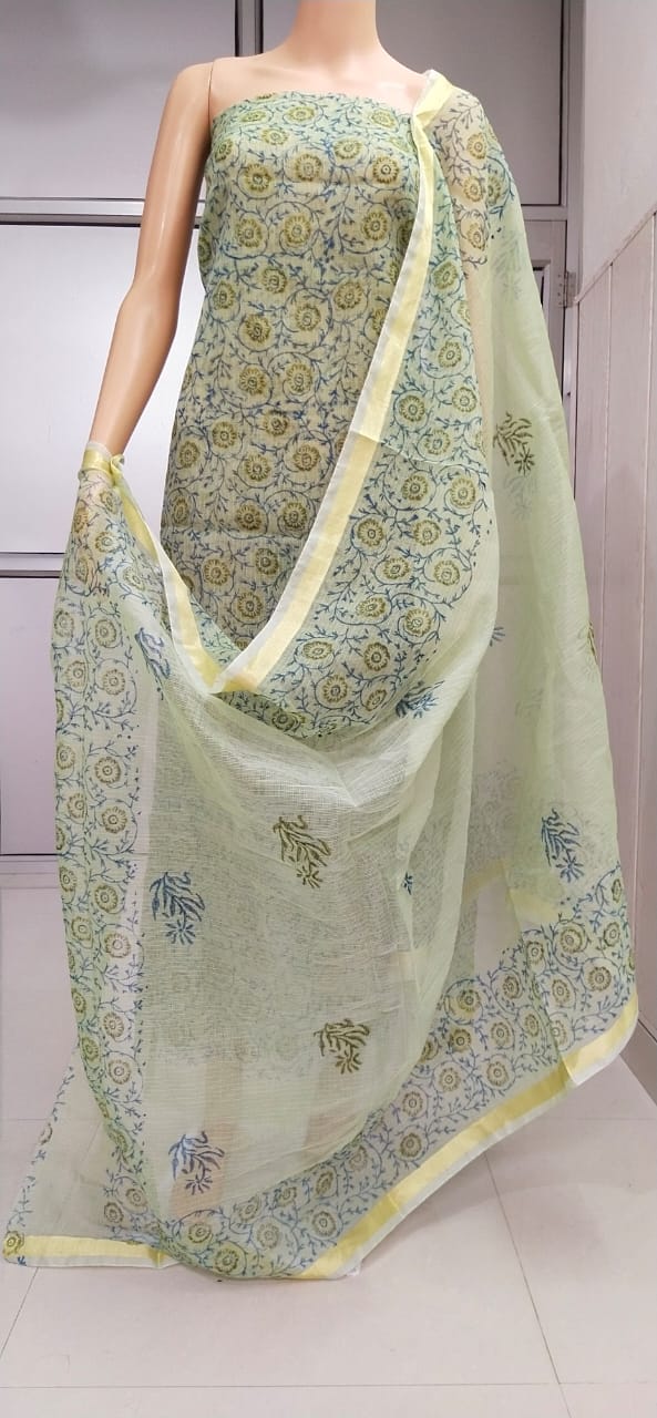 Kota Doriya Hand Block Print unstitched suits With Kota Doriya Dupatta (Without Bottom )