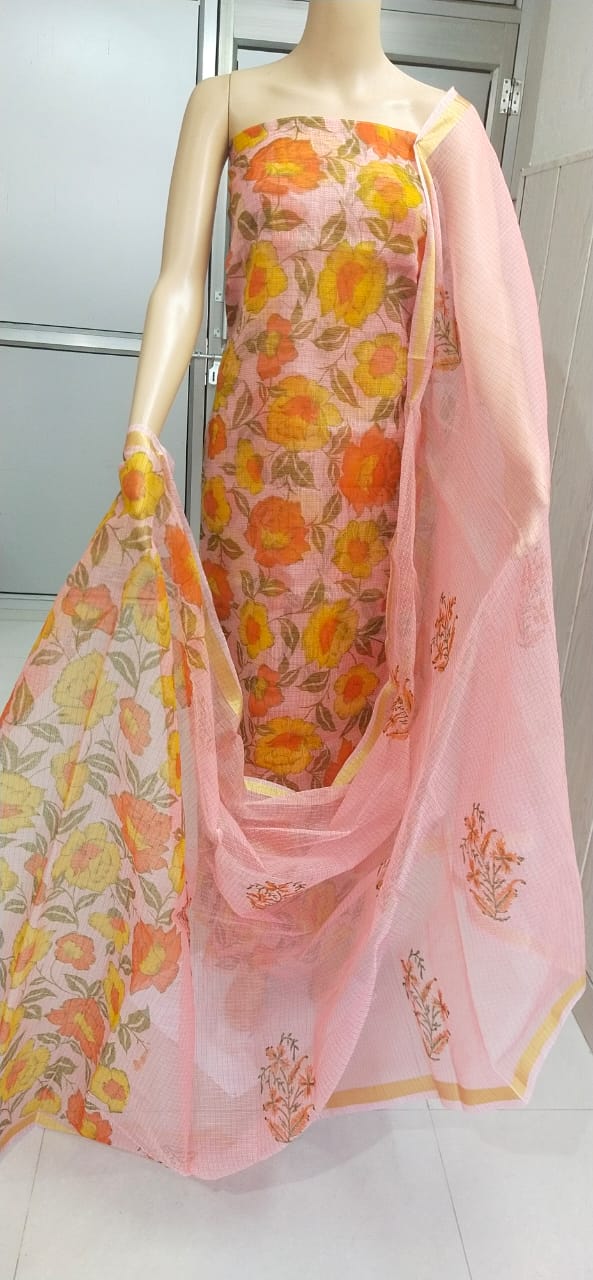 Kota Doriya Hand Brush  Print unstitched suits With Kota Doriya Dupatta (Without Bottom )