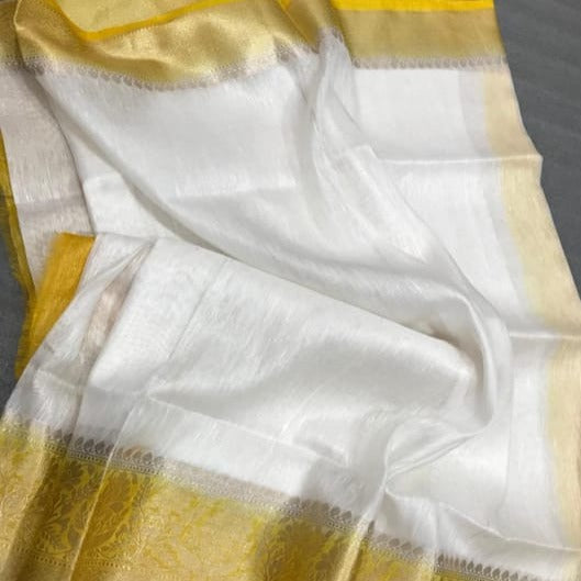 Pure Banarasi Linen Silk Border Saree with contrast Blouse ( length- 6.3 meter )