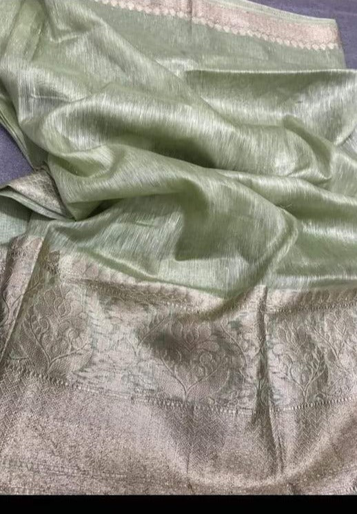 Pure Banarasi Linen Silk Border Saree with contrast Blouse ( length- 6.3 meter )