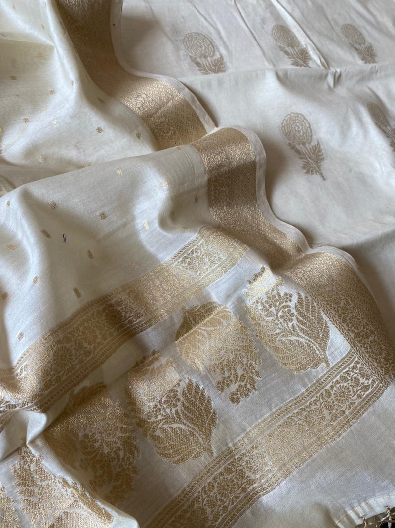 Pure Banarasi Chanderi Alfi Buti Weaved Unstitched suit With chanderi Ektara Weaved Dupatta .