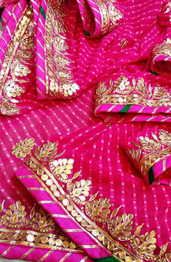 Pure georgette Leheriya  Saree with Hand Gota Work with Banglori Blouse