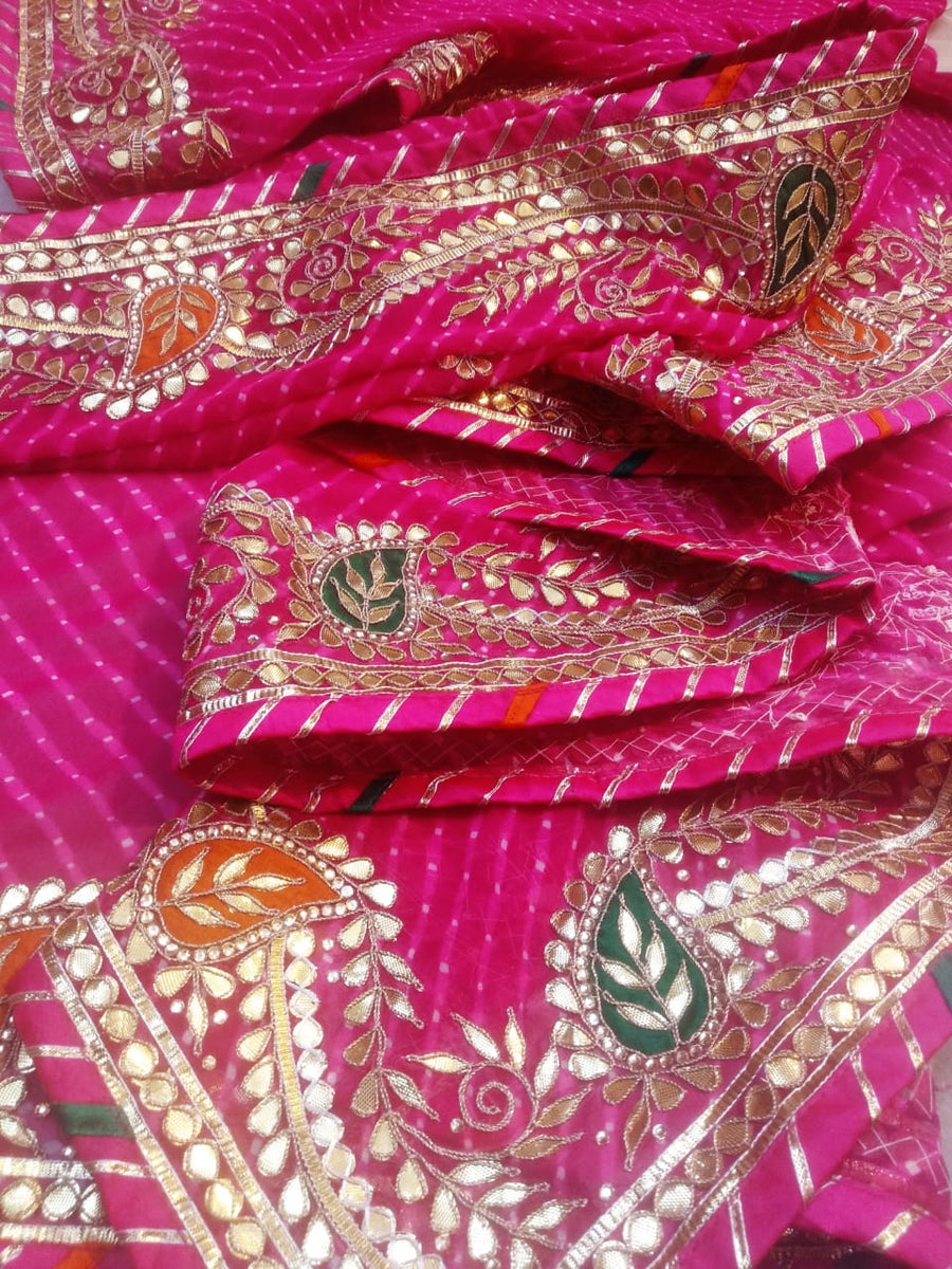 Traditional Saree with newest blouse rajasthani Pure chinnan Lahariya Gota Patti hand work indian wedding women saree