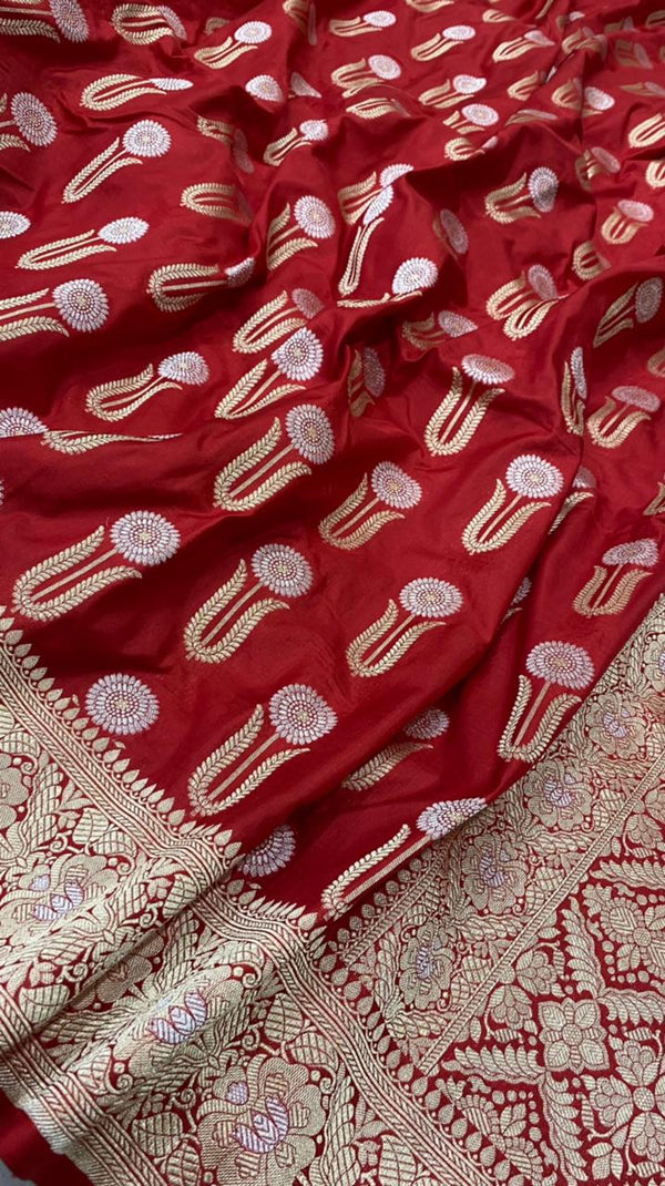 Red Color Pure Katan By Katan Kadhwa Weaved Silk Saree With Meenakari Work