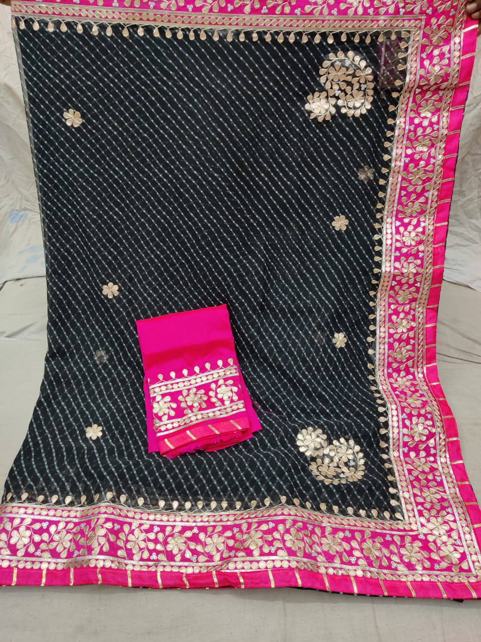 Pretty Pink Pure Crepe Rai Bandhej Gota Patti Saree