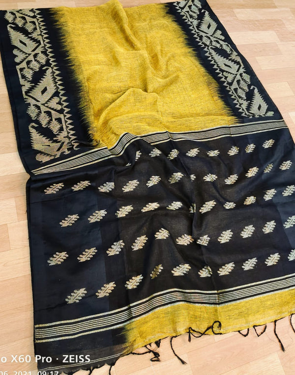 Jamdani Linen By Linen Yarn made saree With Ikkat weaving