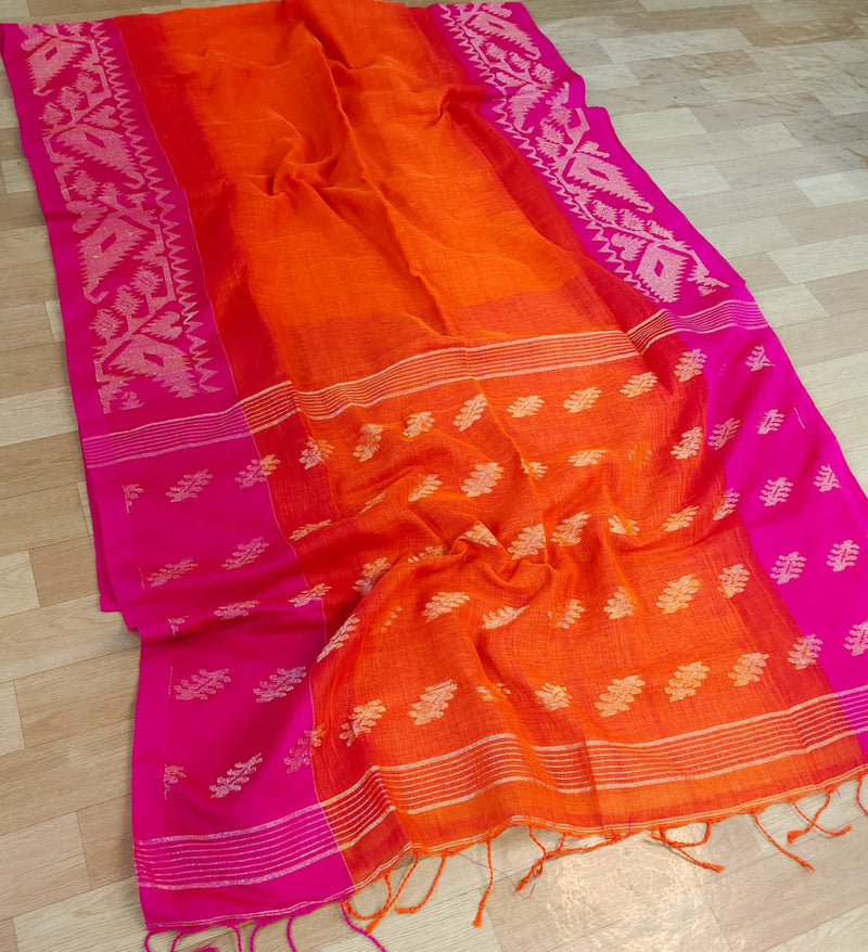 Jamdani Linen By Linen Yarn made saree With Ikkat weaving