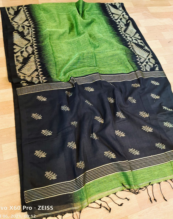 Jamdani Linen By Linen Yarn made saree With Ikkat weaving