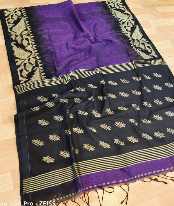 Jamdani Linen By Linen Yarn made saree With Ikkat weaving