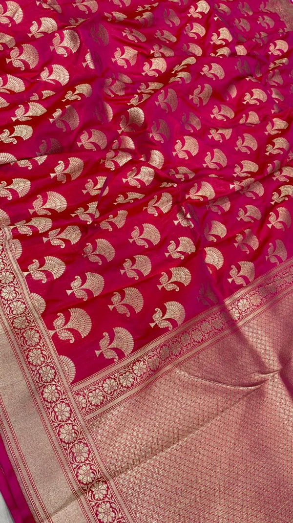 Orangish Pink Color Pure Katan By Katan Kadhwa Weaved Silk Saree With Meenakari Work