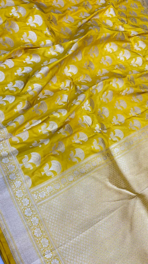 Gold Yellow Color Pure Katan By Katan Kadhwa Weaved Silk Saree With Meenakari Work