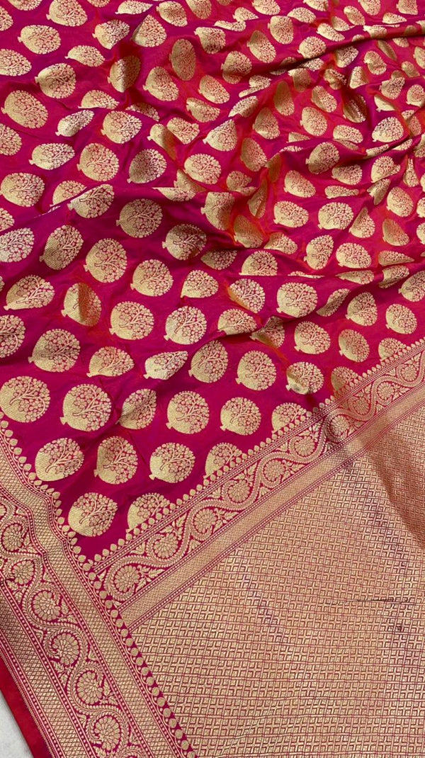 Orangish Pink Color Pure Katan By Katan Kadhwa Weaved Silk Saree With Meenakari Work