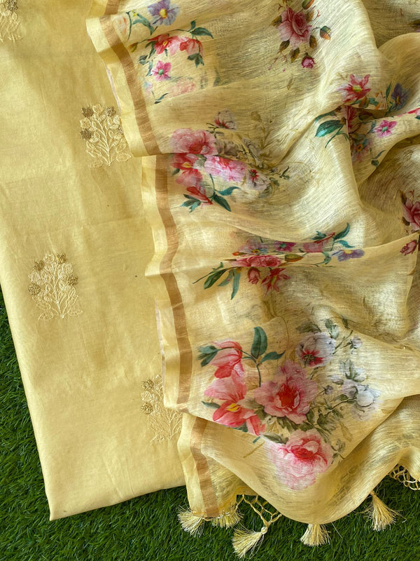 Pure Banarasi Chanderi Silk Resham Weaved unstitched-Suit with Linen floral print dupatta