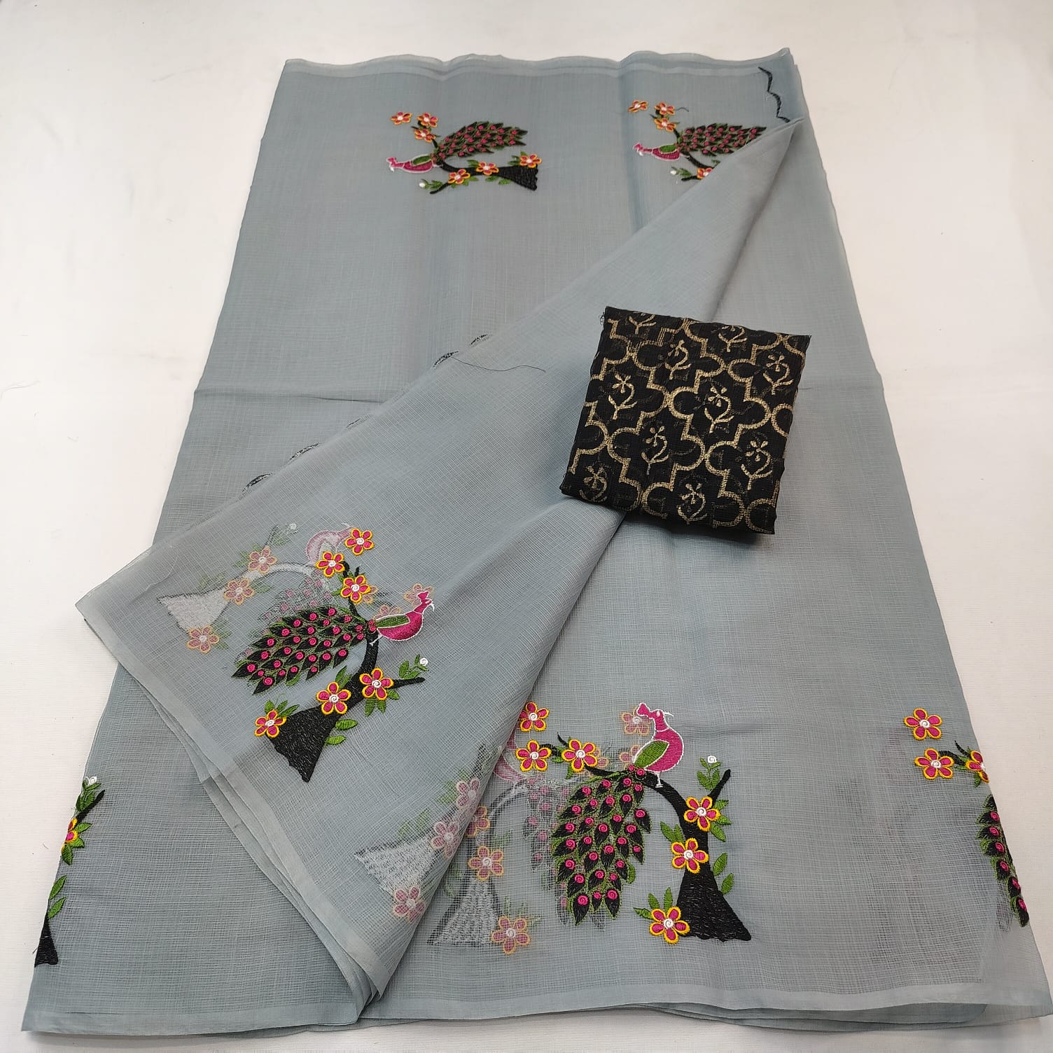 Fancy Blue Kota Doria Embroidery Saree at best price in Kota