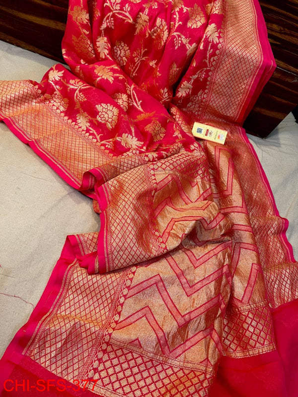 Pure Khaddi Georgette Hand Weaved Full Zari Work Saree with Running Blouse