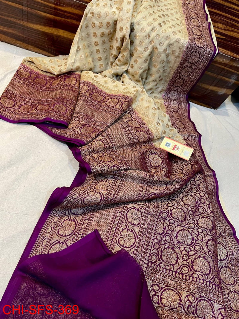 Pure Khaddi Georgette Hand Weaved Full Zari Work Saree with Running Blouse