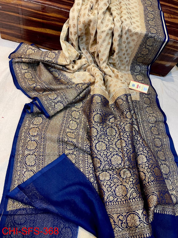 Pure Khaddi Georgette Hand Weaved Full Zari Work Saree with Running Blouse