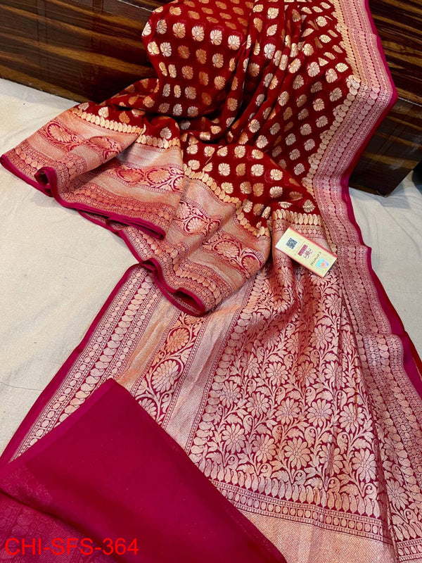 Pure Khaddi Georgette Hand Weaved Full Zari Work Saree with Running Blouse