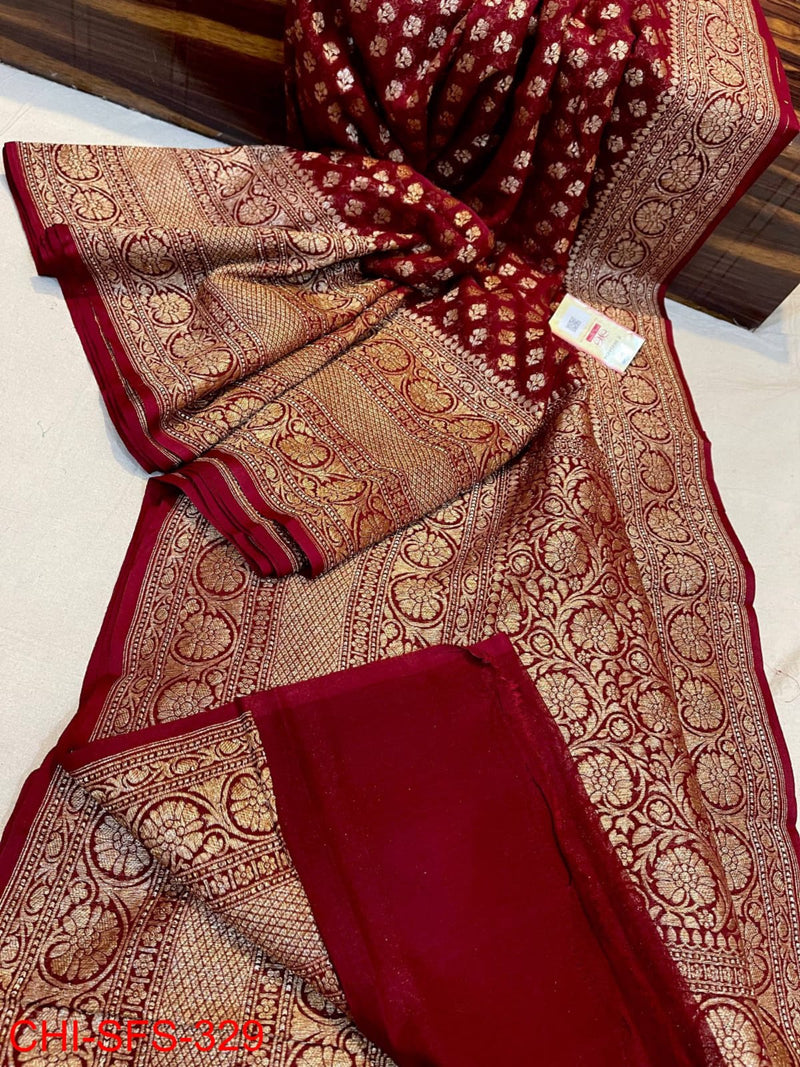 Pure Khaddi Georgette Hand Weaved Full Zari Work Saree with Running Blouse