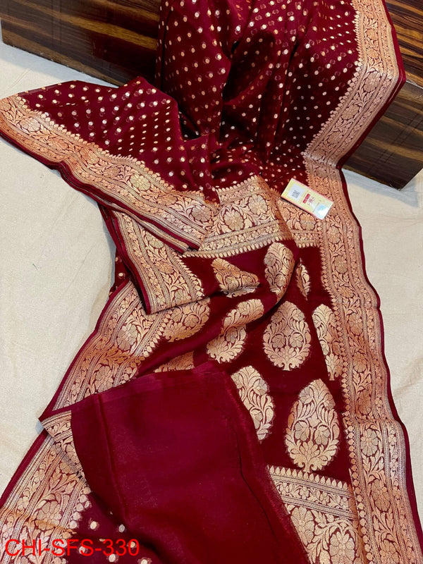 Pure Khaddi Georgette Hand Weaved Full Zari Work Saree with Running Blouse