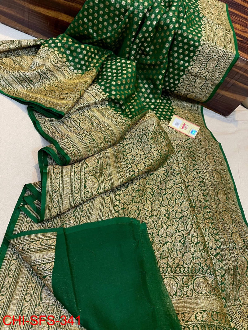 Pure Khaddi Georgette Hand Weaved Full Zari Work Saree with Running Blouse