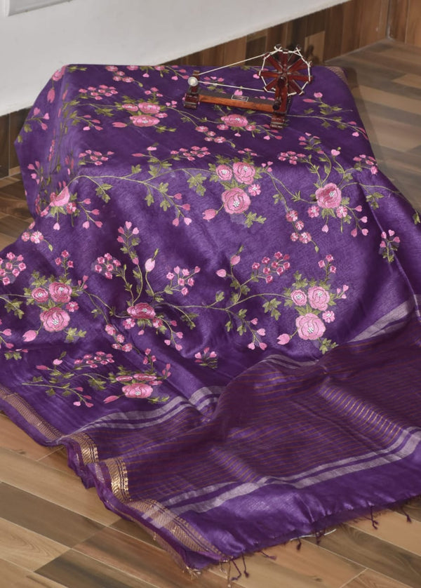 Pure Handwoven Silk By Linen Saree With Embroidery Work