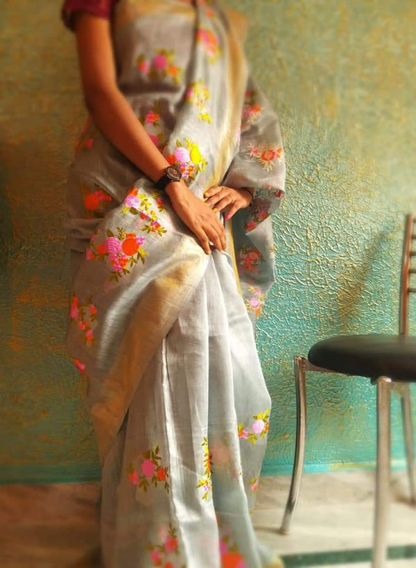 Pure Handwoven Silk By Linen Saree With Embroidery Work