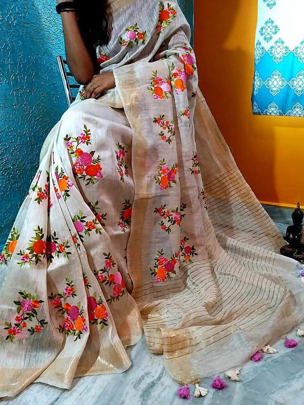 Pure Handwoven Silk By Linen Saree With Embroidery Work